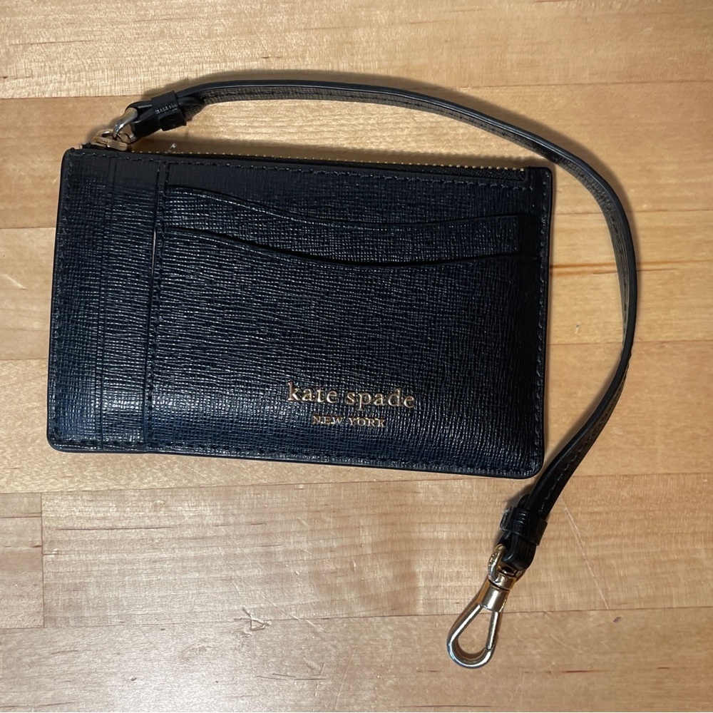 Kate Spade New York Black Leather Purse Card Holder Bag Charm ID Holder